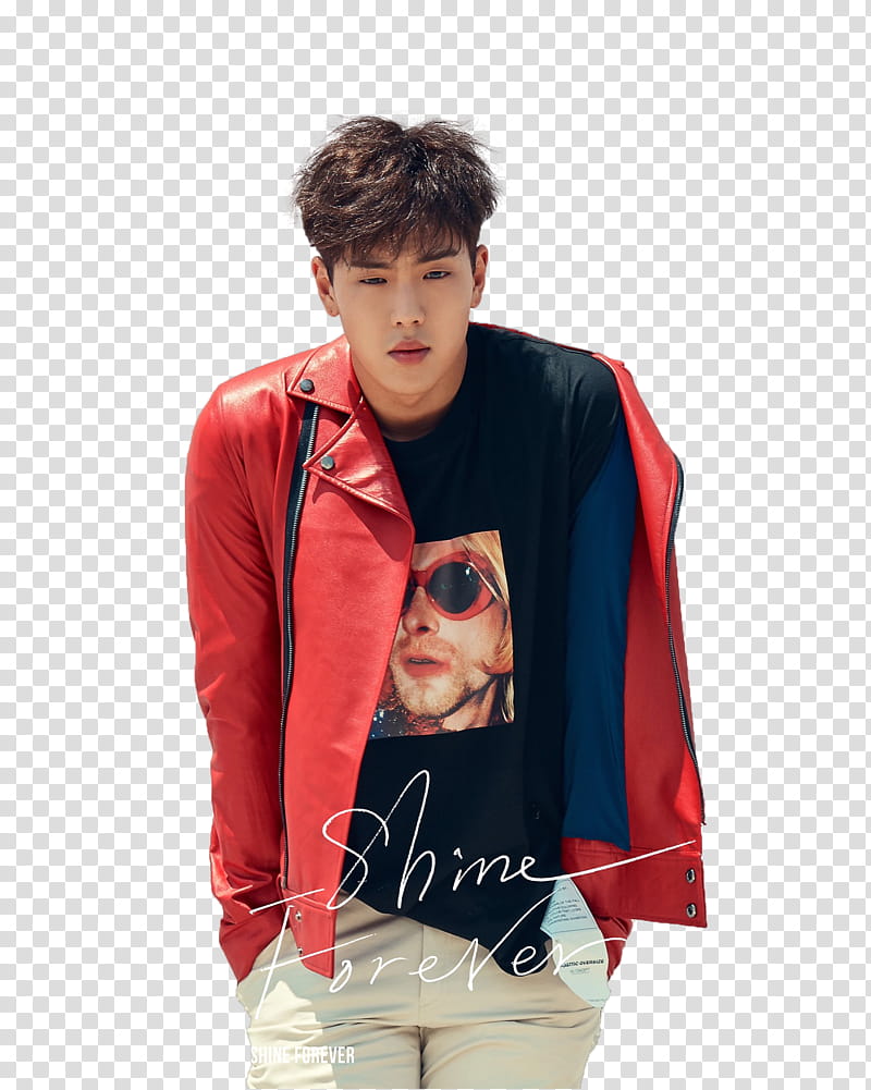MONSTA X Shine Forever, men's red leather jacket transparent background PNG clipart