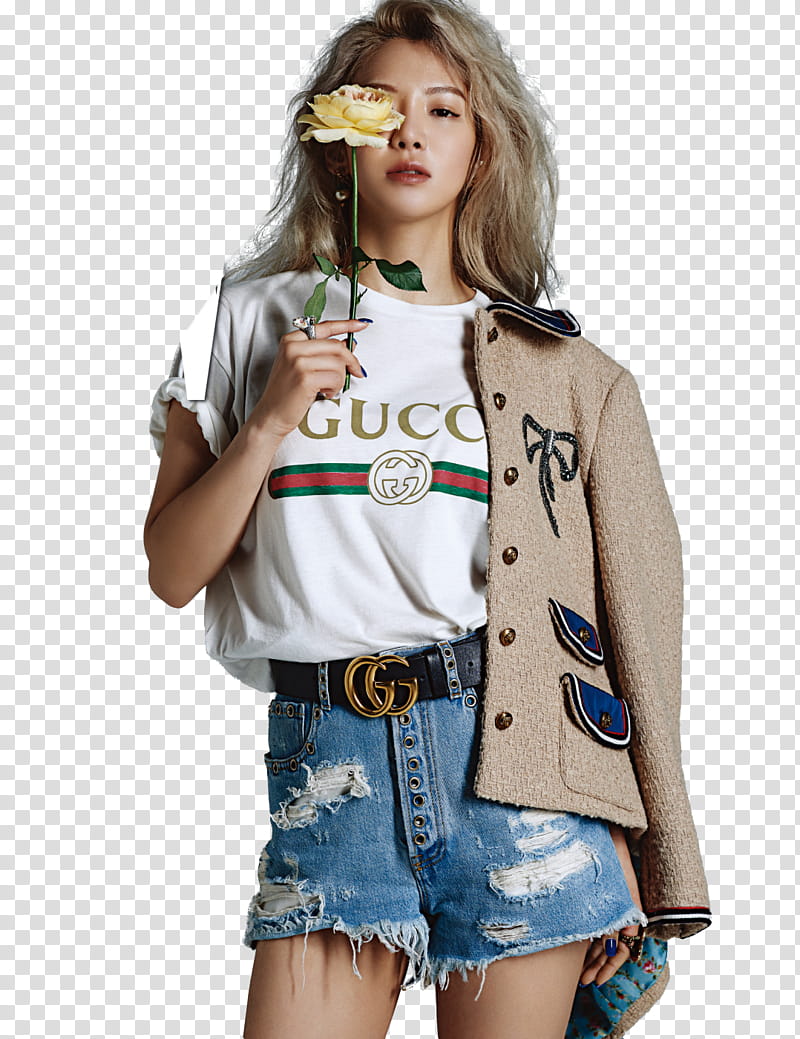 SNSD W Korea, woman wearing white Gucci crew-neck shirt and brown jacket standing while holding yellow rose flower transparent background PNG clipart