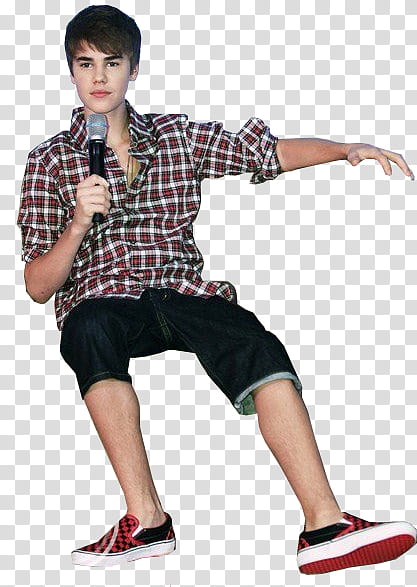 Bieber, Justin Bieber in red and black plaid shirt and blue denim capri shorts holding microphone transparent background PNG clipart