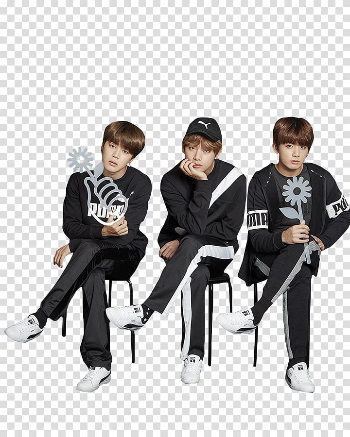 BTS, three men sitting on stools while wearing black jackets and pants transparent background PNG clipart