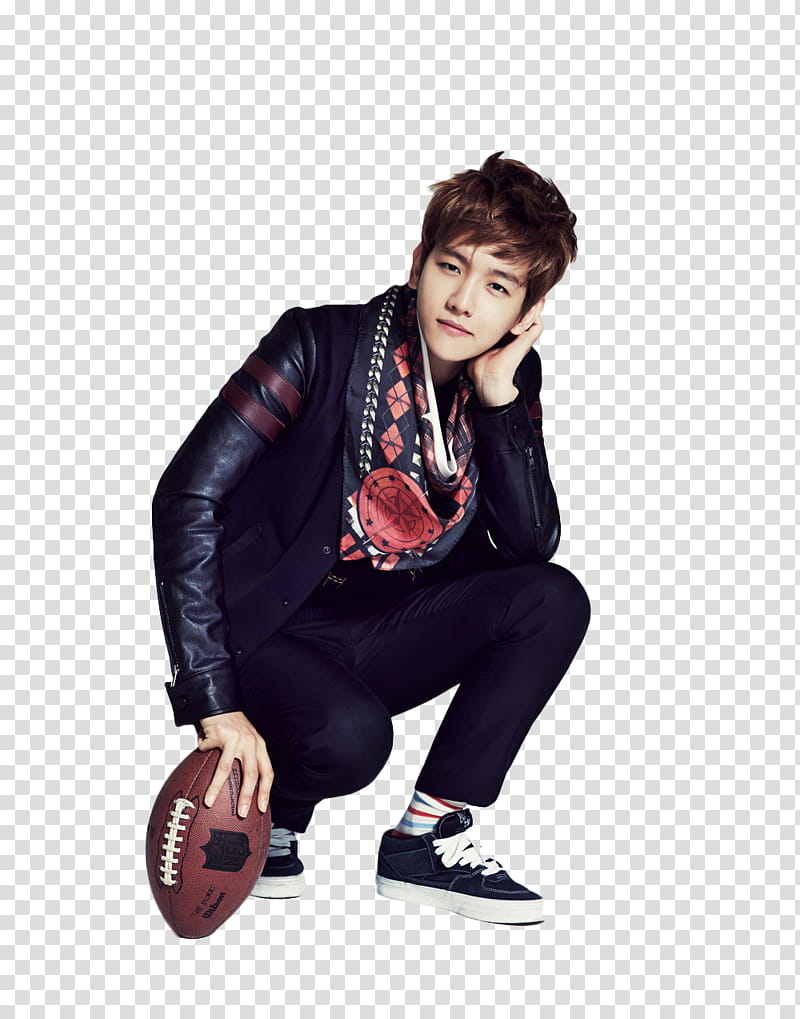 Render EXO for  Season Greet , man in black leather jacket holding american football game ball transparent background PNG clipart