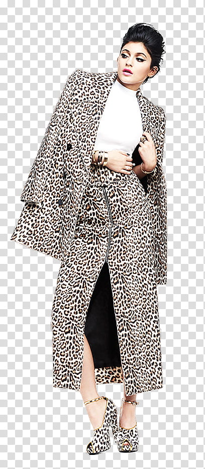 Kylie Jenner, woman wearing white and brown leopard pattern coat transparent background PNG clipart