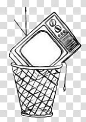 Doodles and Drawing , black and white transistor television on trash bin graphic transparent background PNG clipart