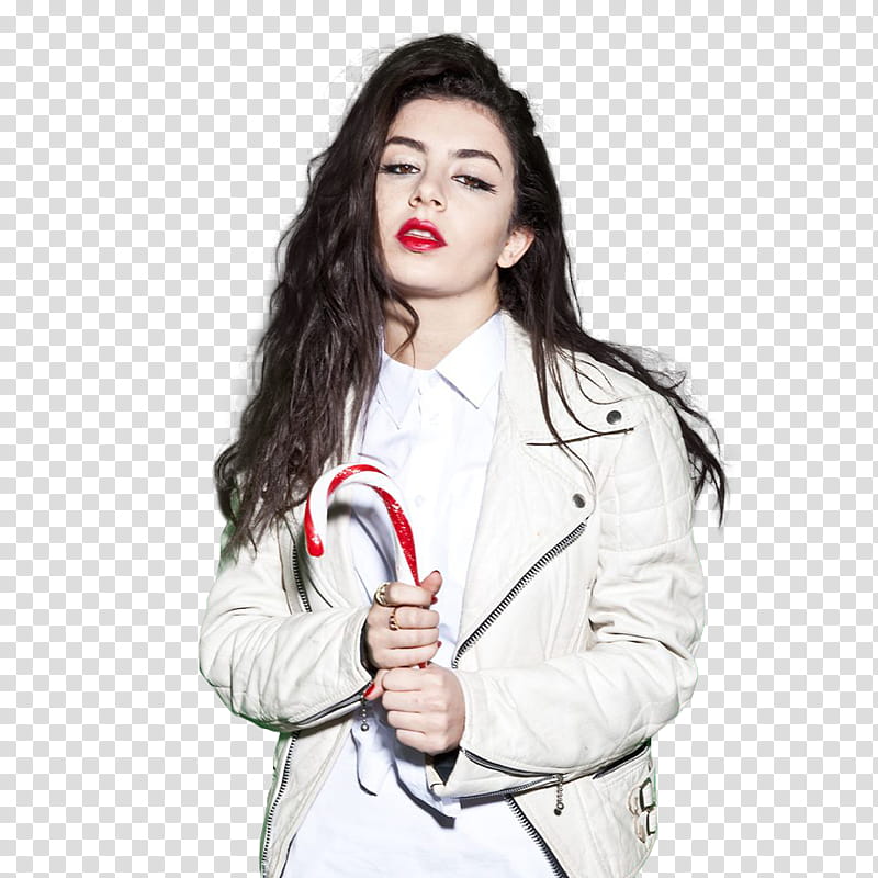 Charli XCX, woman wearing white cat holding candy cane transparent background PNG clipart