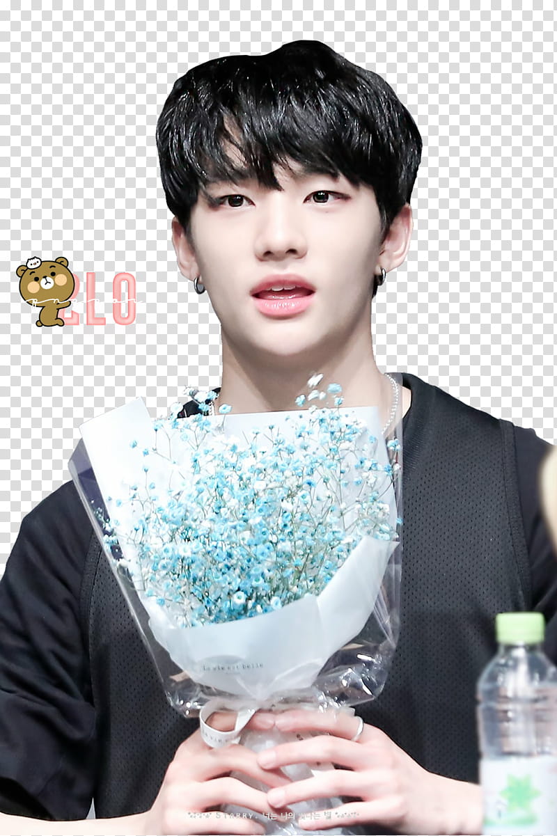 Stray Kids Hwang HyunJin, man holding blue petaled flowers transparent background PNG clipart