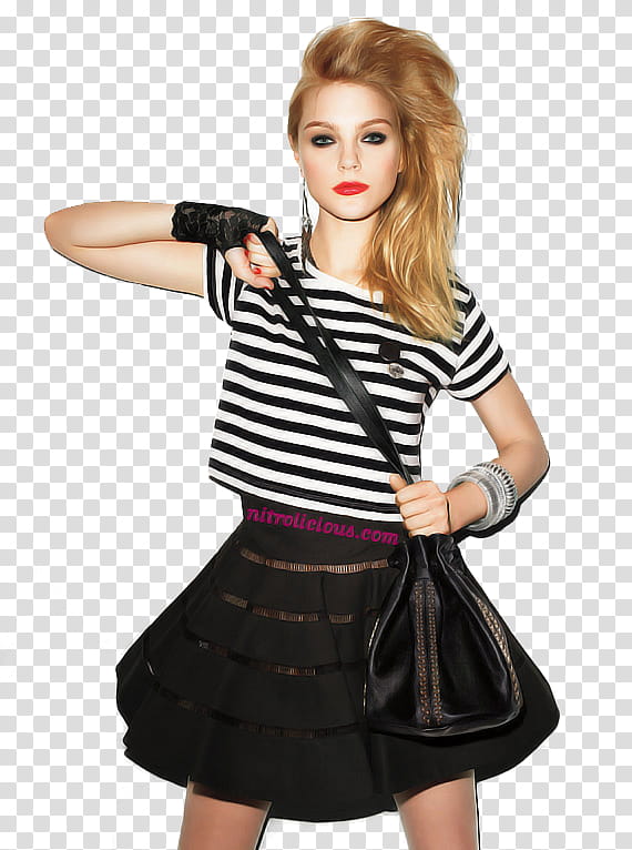 , woman wearing black and white striped t-shirt and black skirt while holding black leather crossbody bag transparent background PNG clipart
