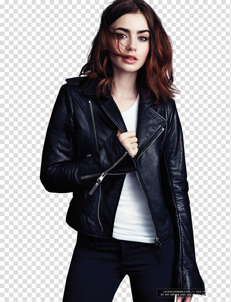 Lily Collins, standing woman wearing black leather jacket transparent background PNG clipart