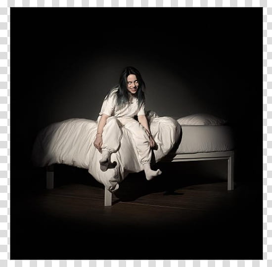 Billie Eilish, Bury A Friend, woman in white coveralls sitting on bed transparent background PNG clipart