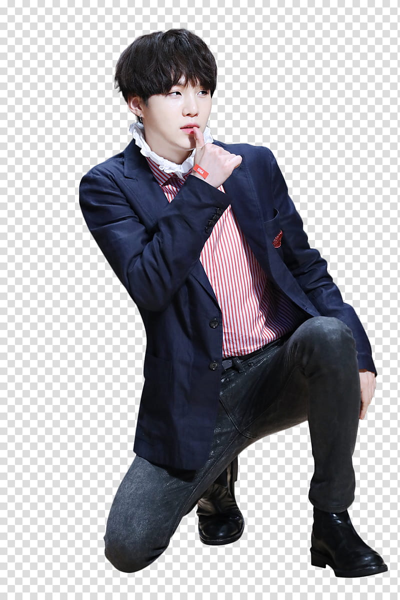 SUGA , man in blue blazer kneeling transparent background PNG clipart