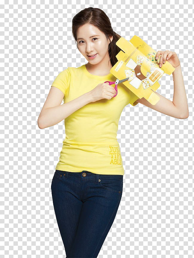 Seohyun SNSD, woman holding red handled scissors cutting paper transparent background PNG clipart