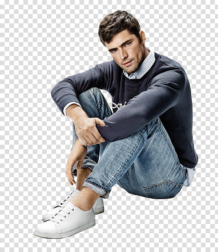 Male Model s, man in black sweatshirt and blue jeans sitting transparent background PNG clipart