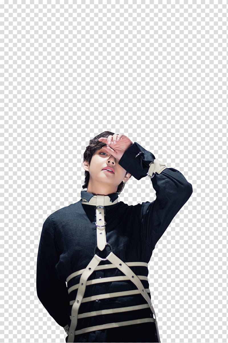 Taehyung BTS, man raising his left arm while covering his left eye transparent background PNG clipart