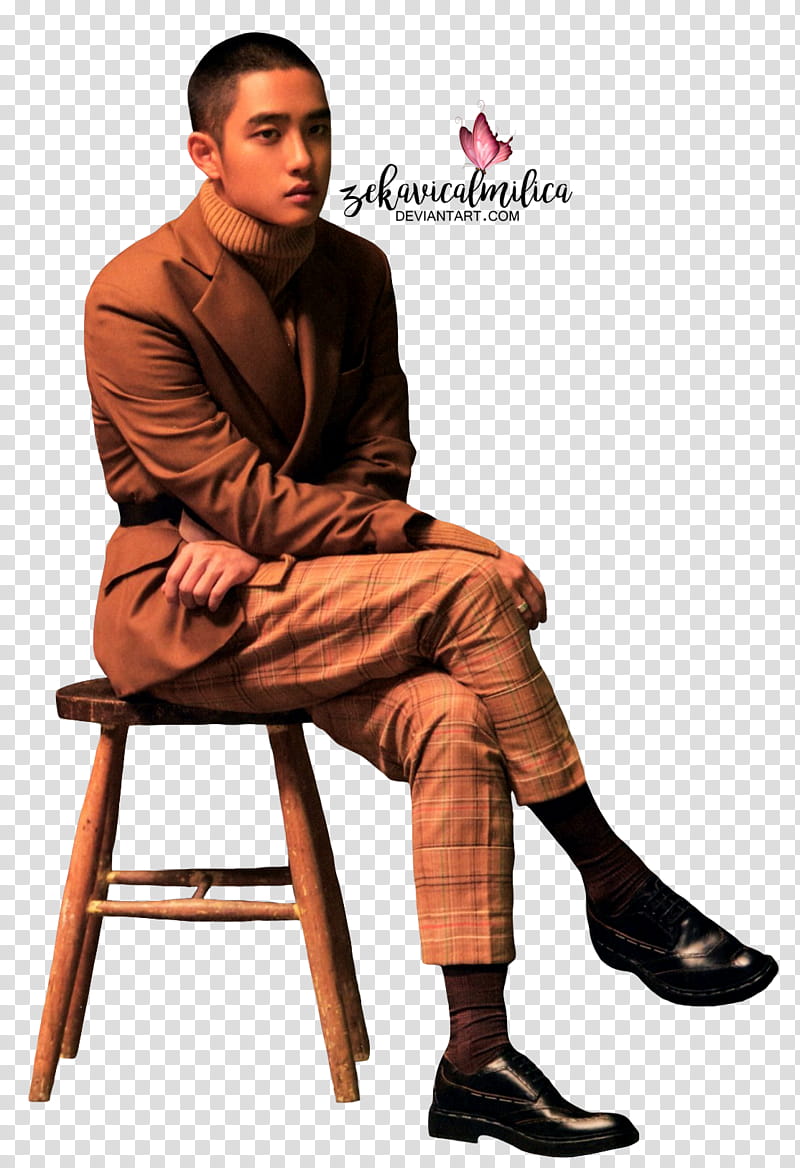 EXO Universe, man in brown coat and pants sitting on stool with text overlay transparent background PNG clipart