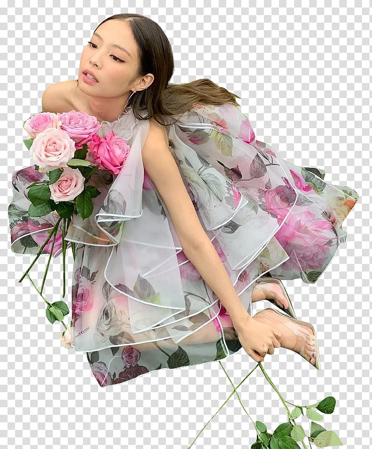 JENNIE BLACK PINK SOLO, woman wearing white and multicolored floral dress holding flowers transparent background PNG clipart