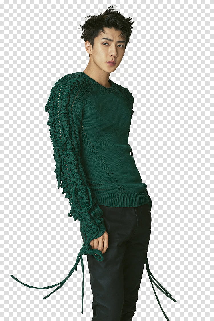Sehun EXO L OPTIMUM , man wearing green sweater and black pants transparent background PNG clipart