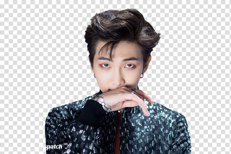 Namjoon BTS, man in black and green top covered his mouth transparent background PNG clipart