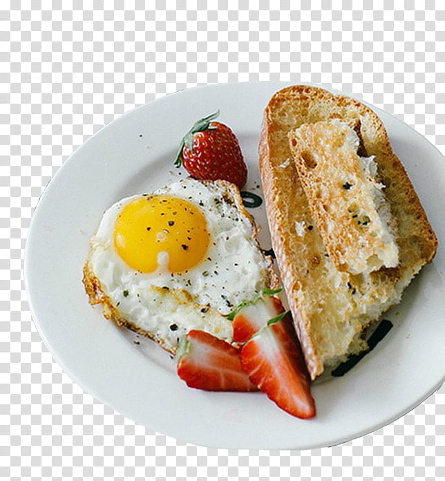 , toasted bread with fried egg and sliced of strawberries transparent background PNG clipart