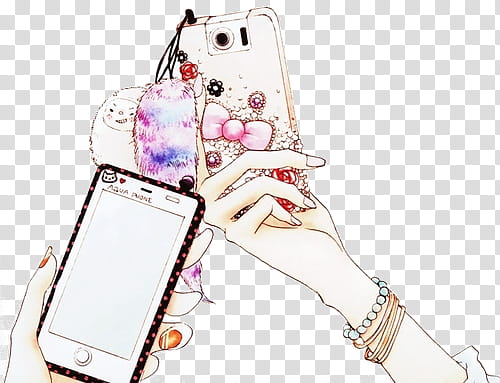 Holding Cell Phones, two women holding smartphones illustration transparent background PNG clipart