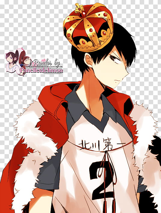 Render Haikyuu Kageyama Tobio, man wearing red-and-gold-colored crown transparent background PNG clipart