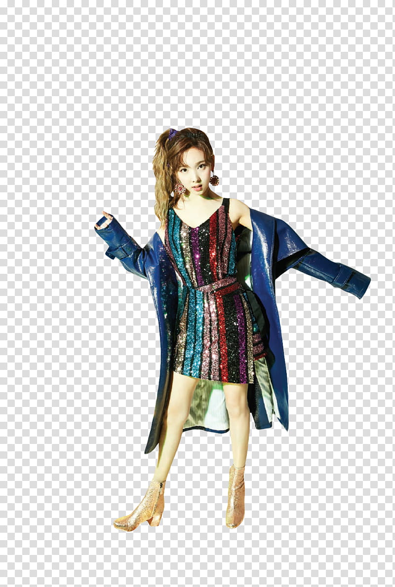 TWICE NYLON KOREA, woman standing wearing blue jacket and striped dress transparent background PNG clipart