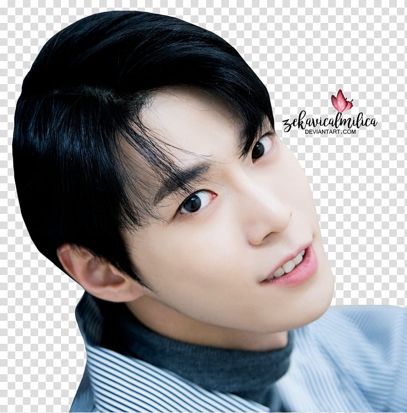 NCT Doyoung Sweet Valentine Day, smiling man wearing white and blue striped top transparent background PNG clipart