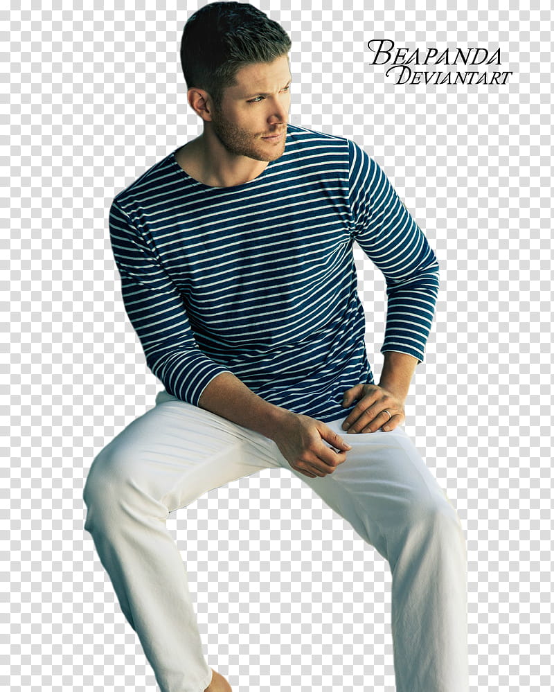 Jensen Ackles, man in black and white striped sweatshirt sitting transparent background PNG clipart