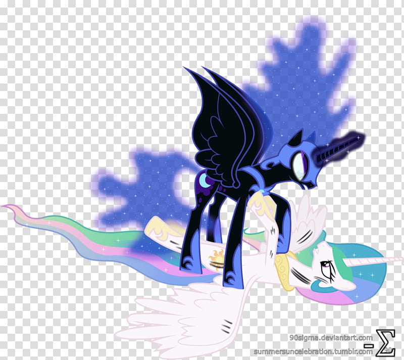 Princess Celestia and Nightmare Moon Fighting, black and blue unicorn transparent background PNG clipart