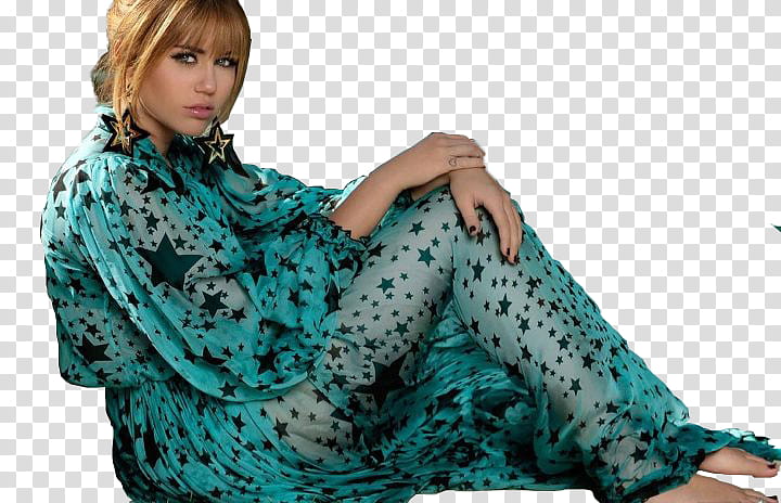 Miley Cyrus  s, woman in teal star print dress sitting on ground transparent background PNG clipart