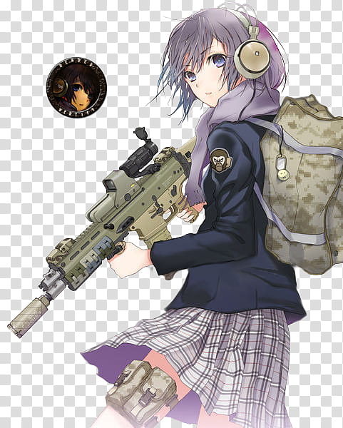 Anime Girl with gun render, female purple hair anime character holding assault rifle transparent background PNG clipart