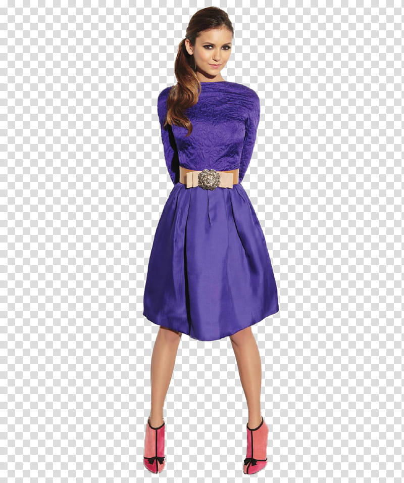 Nina Dobrev, woman wearing crew-neck long-sleeved dress standing transparent background PNG clipart