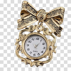 , gold-colored ribbon with clock displaying at : transparent background PNG clipart