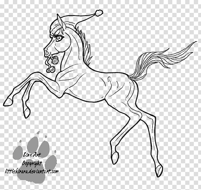 Christmas Filly Line Art, black horse with Santa hat sketch transparent background PNG clipart