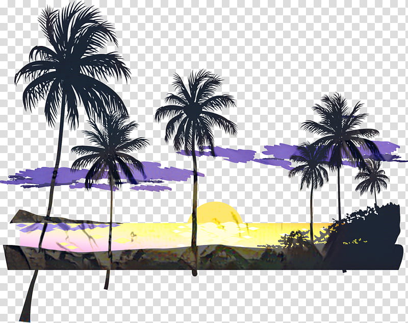 Coconut Tree Drawing, Beach, Sunset, Seaside Resort, Dusk, Beach Sunset, Palm Tree, Arecales transparent background PNG clipart