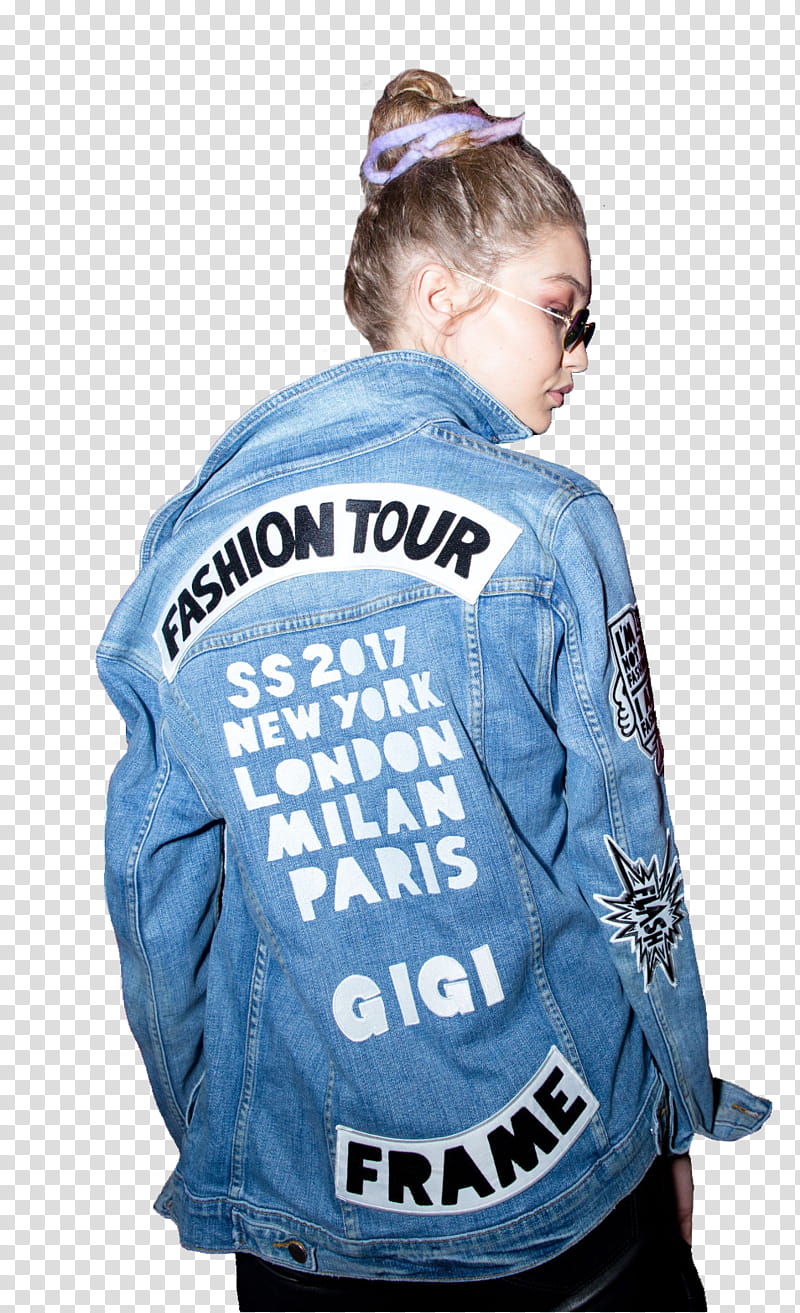 Gigi Hadid, back of Gigi Hadid standing wearing denim jacket transparent background PNG clipart
