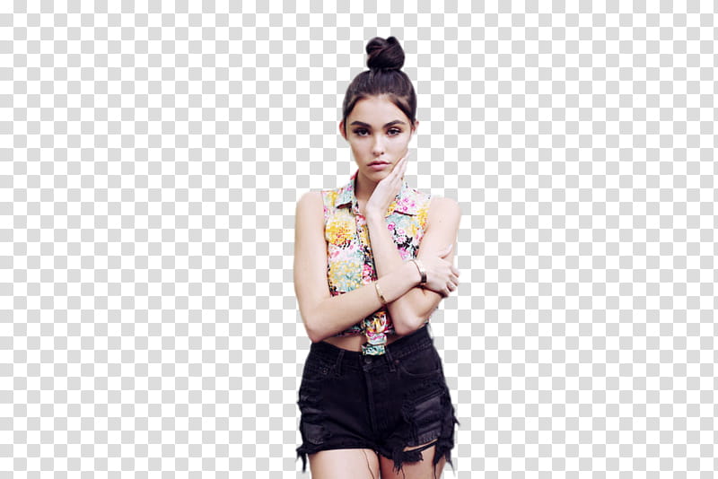 MADISON BEER, standing woman wearing floral collared sleeveless shirt and black denim shorts transparent background PNG clipart