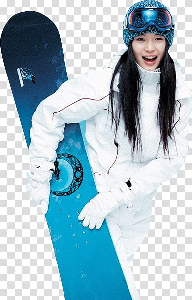 woman wearing snowsuit with knit cap and blue snow goggles and blue snowboard transparent background PNG clipart