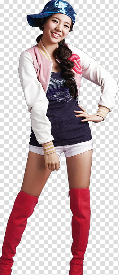 woman in denim cap, white and pink jacket, white short-shorts, and red boots transparent background PNG clipart