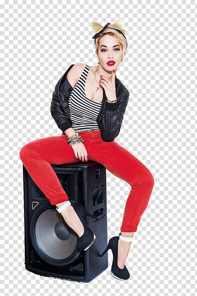 Rita Ora, woman sitting on speaker transparent background PNG clipart