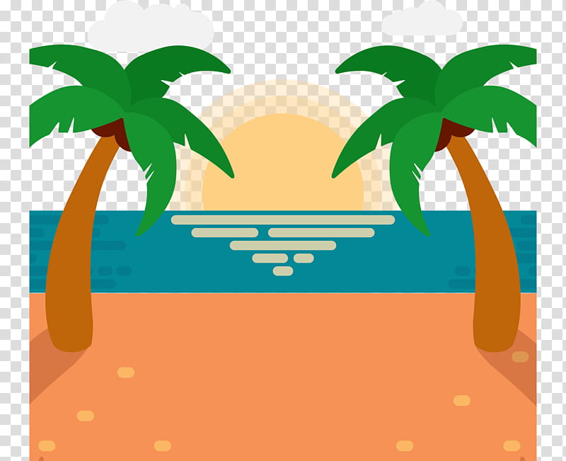 Cartoon Palm Tree, Sunset, Sunrise, Cartoon, Green, Leaf, Line, Arecales transparent background PNG clipart