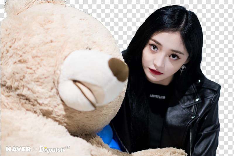 Kyulkyung Pristin Naver, woman wearing black leather jacket beside life size teddy bear transparent background PNG clipart