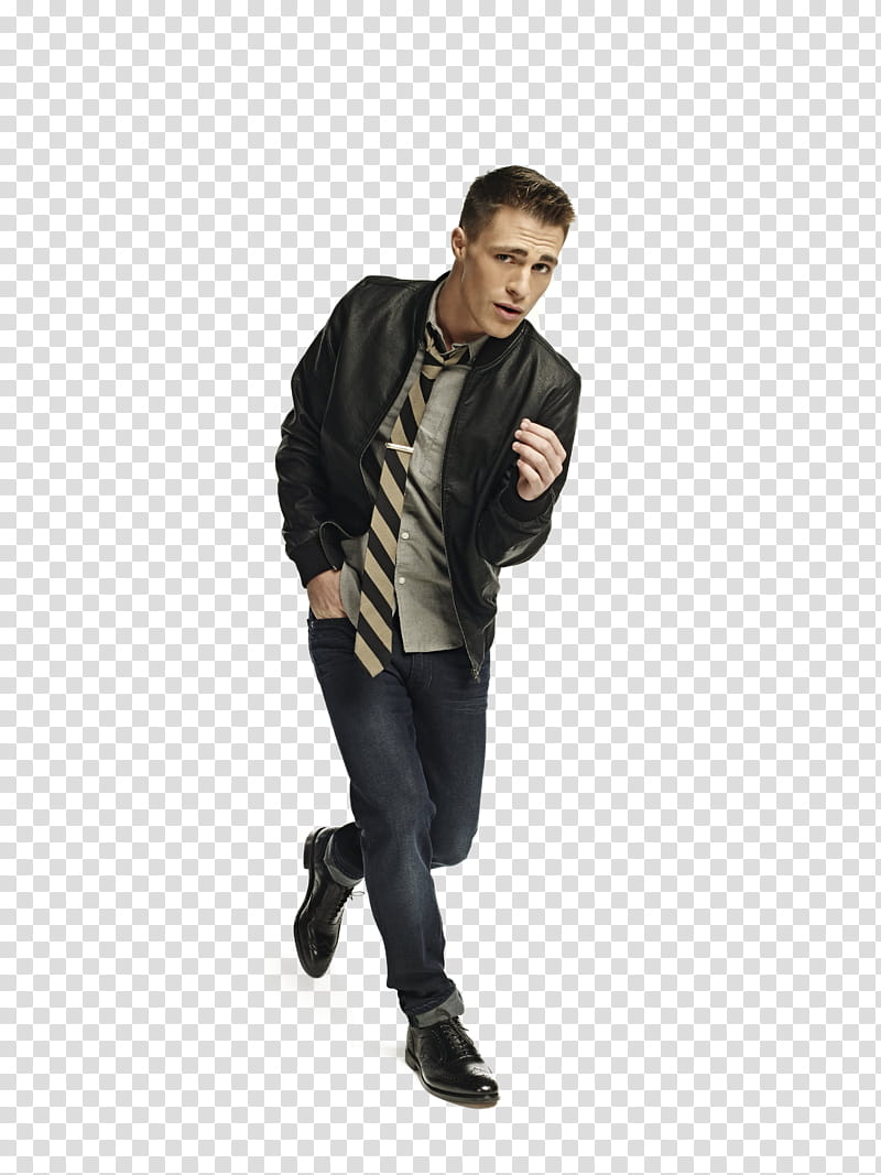 Colton Haynes, man in black leather jacket standing transparent background PNG clipart