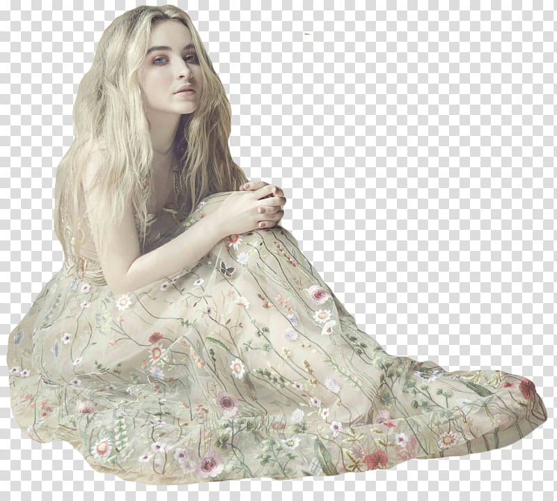 Sabrina Carpenter, woman wearing gray and pink floral dress sitting on the floor transparent background PNG clipart