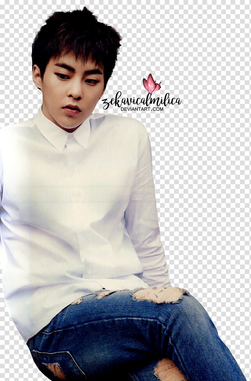 EXO Xiumin  Season Greetings, man sitting down while wearing white dress shirt and distressed blue denim fitted jeans transparent background PNG clipart