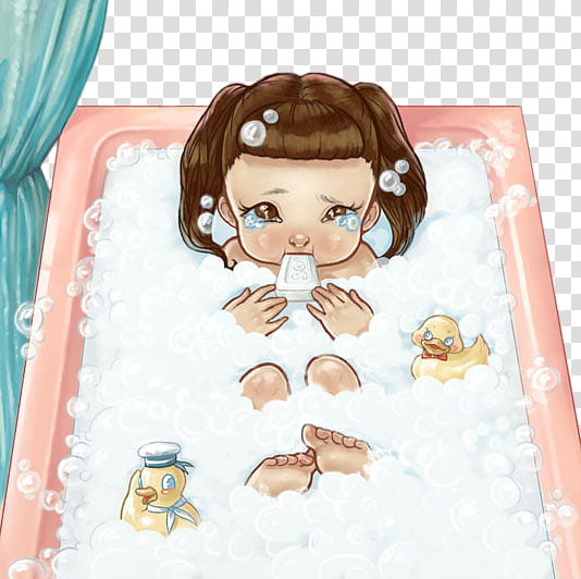 Cry Baby, girl on bathtub covered with bubbles transparent background PNG clipart