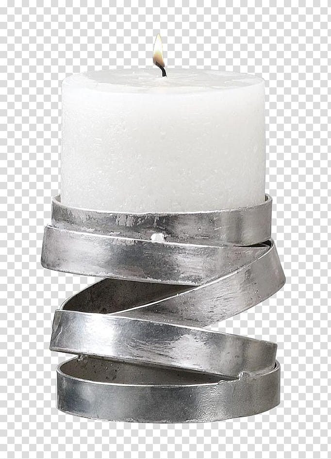 white scented pillar candle and gray stainless steel candle holder transparent background PNG clipart