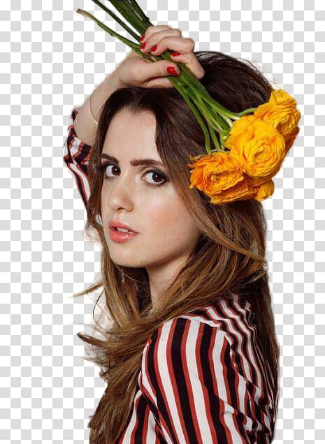 Laura Marano , woman holding yellow ranunculus flowers transparent background PNG clipart