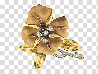 Mix, clear and blue jeweled gold-colored flower brooch transparent background PNG clipart