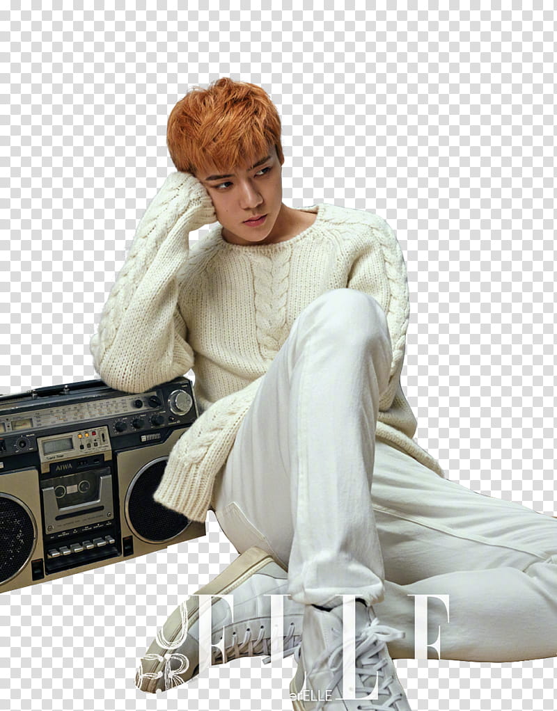 SeHun EXO superELLE magazine, man wearing white sweater and pants sitting beside boombox transparent background PNG clipart