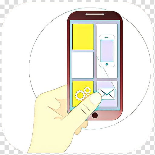 gadget yellow technology electronic device mobile phone, Cartoon, Communication Device, Line, Portable Communications Device, Hand transparent background PNG clipart