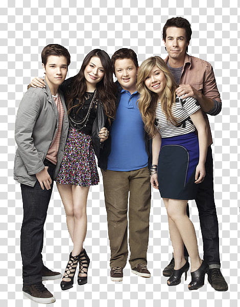 iCarly, standing three men an two women hugging transparent background PNG clipart